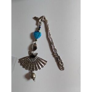 metal hook bookmark with a beaded charm featuring a fan pendant and a blue heart
